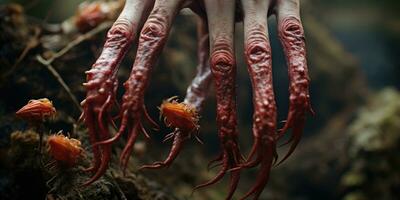 Hexe Hand im das Wald, mit Ranken von Neu Fleisch wachsend von Finger, erstellt mit generativ ai Werkzeuge foto