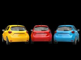 modern elektrisch Öko Autos im Gelb, Blau und rot - - zurück Aussicht - - 3d machen foto