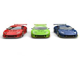 tolle Rennen Autos im Rot, Grün, und Blau - - Vorderseite Aussicht foto