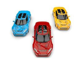 modern Super Rennen Autos im primär Farben - - oben Aussicht foto