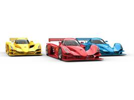 modern Super Sport Rennen Autos im Rot, Blau und Gelb foto