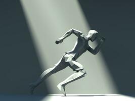 niedrig Polygon Laufen Mann Statue im Strahl von Sonnenlicht foto