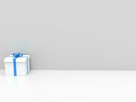 Weiß Geschenk Box mit Blau Band - - auf Weiß Hintergrund gegen Weiß Mauer foto
