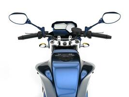 genial metallisch Blau modern Motorrad - - im das Sitz Aussicht foto