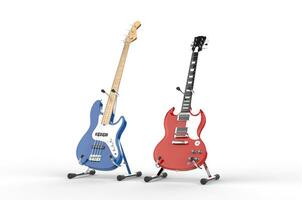 Blau elektrisch Bass und rot Gitarre auf steht foto