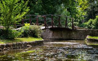 Holz Brücke Über das See im das Park foto