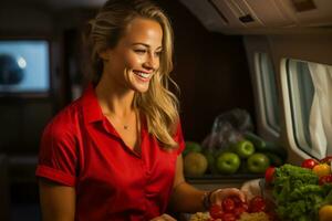 Passagier wählen ein Mahlzeit Möglichkeit von das Speisekarte foto