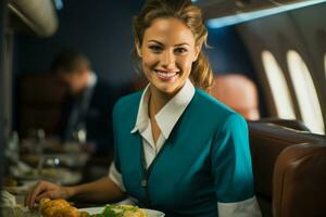 Flug Begleiter Portion ein Mahlzeit auf ein Flugzeug foto