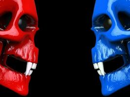 rot und Blau Vampir Schädel mit Weiß Zähne und schwarz Augen foto