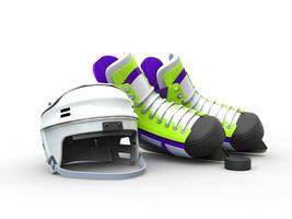 Grün lila Eishockey Rollschuhe mit Weiß Eishockey Helm - - isoliert auf Weiß Hintergrund foto