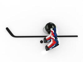 Eishockey Ausrüstung - - Blau und rot Rollschuhe mit schwarz Helm - - oben Aussicht foto