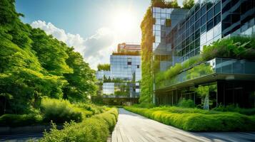 umweltfreundlich Gebäude modern Stadt nachhaltig Glas Gebäude Ökologie Konzept Büro Gebäude mit Grün Umgebung foto