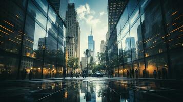 reflektierend Wolkenkratzer, Geschäft Büro Gebäude. niedrig Winkel Aussicht von Wolkenkratzer im Stadt, sonnig Tag. Geschäft Hintergrund mit modern Hochhäuser mit gespiegelt Fenster. generativ ai foto