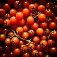 realistisch Foto von ein Bündel von Kirsche Tomate. oben Aussicht Gemüse Landschaft. ai generiert