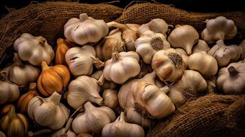 realistisch Foto von ein Bündel von Knoblauch. oben Aussicht Gemüse Landschaft. ai generiert