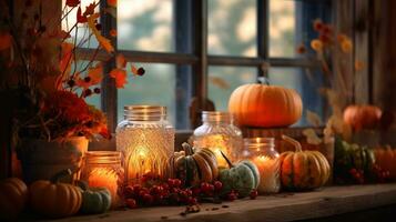 realistisch Foto von Herbst einstellen und Dekorationen. mit warm Licht Zustand. ai generiert