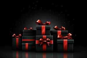 realistisch viele schwarz Geschenk Box mit rot Band isoliert auf dunkel Hintergrund. generativ ai foto