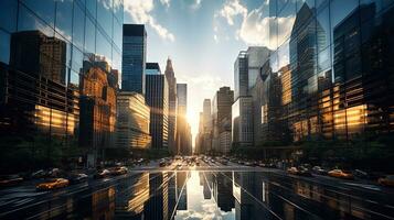 reflektierend Wolkenkratzer, Geschäft Büro Gebäude. niedrig Winkel Aussicht von Wolkenkratzer im Stadt, sonnig Tag. Geschäft Hintergrund mit modern Hochhäuser mit gespiegelt Fenster. generativ ai foto