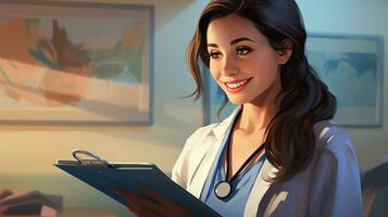 weiblich Arzt mit Zwischenablage reden zu lächelnd Frau geduldig beim Krankenhaus. generativ ai foto