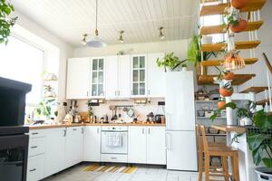 das Allgemeines planen von ein Licht Weiß modern rustikal Küche mit ein modular Metall Treppe dekoriert mit eingetopft Pflanzen. Innere von ein Haus mit Heimpflanzen foto