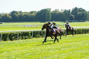 Breslau, Polen - - sep 10, 2023 - - Jockeys im Wettbewerb auf Breslau Rennen Spur foto