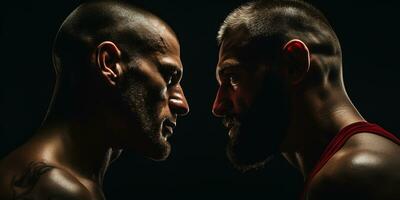 fotorealistisch Bild von zwei männlich Boxer Gesicht zu Gesicht. Streit, Duell, Kickboxen. ai generiert foto