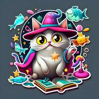 3d Aufkleber Vorlage von ein wunderlich Magier Katze tragen ein spitz Hut und Gießen ein buchstabieren Das geht urkomisch falsch foto
