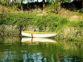 ein klein Boot ist Sitzung auf das Ufer von ein Fluss foto