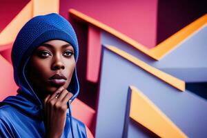 ai generativ Illustration Porträt afrikanisch amerikanisch weiblich Mode Modell- im Blau futuristisch foto