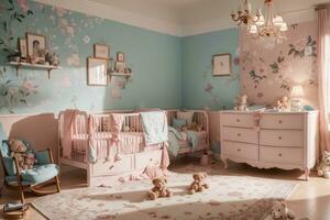 Baby Zimmer mit elegant Möbel und geschmackvoll Dekor. heiter und geräumig Leben Raum, Pfirsich und Pulver Rosa Luxus Innere Design Blumen- Farbe Kinderbett und kissen.ai generiert foto