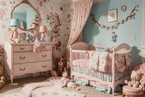 Baby Zimmer mit elegant Möbel und geschmackvoll Dekor. heiter und geräumig Leben Raum, Pfirsich und Pulver Rosa Luxus Innere Design Blumen- Farbe Kinderbett und kissen.ai generiert foto