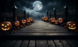 Halloween Kürbisse auf ein gespenstisch Brücke, ai generiert foto