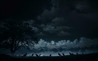 gespenstisch Halloween Landschaft mit Krähe, Bäume, und ein dunkel Blau und schwarz wolkig Himmel, ai generiert foto