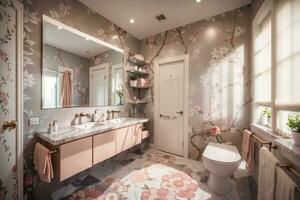 luxuriös Badezimmer mit elegant Möbel und geschmackvoll Dekor. heiter und geräumig Leben Raum, Pfirsich und Pulver Rosa Luxus Innere Design Blumen- Farbe Toilette und Dusche mit Waschbecken.ai generiert foto