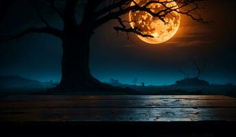 gespenstisch Halloween Nacht Szene mit Orange voll Mond, Blau Nebel, und Produkt Anzeige Tabelle mit Baum, ai generiert foto