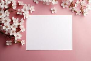 ein Weiß leer Blatt von Papier auf ein Rosa Hintergrund mit Frühling Blumen. KI-generiert foto