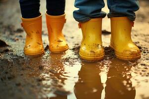 Kinder im Gelb Gummi Stiefel gehen durch Pfützen. ai generiert foto