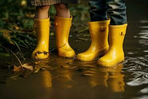 Kinder- Füße im Gelb Gummi Stiefel Stand im ein Pfütze im regnerisch Wetter. ai generiert foto