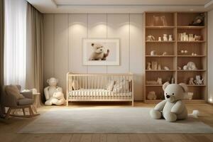 das Innere von ein Kinder- Schlafzimmer mit Kinderbetten und Sanft Spielzeuge. ai generiert foto