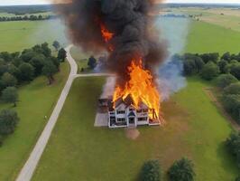 ein Haus auf Feuer im das Mitte von ein Feld. ai generiert foto