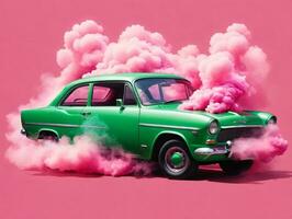 ein Grün Auto mit Rosa Rauch Kommen aus von Es. ai generiert foto