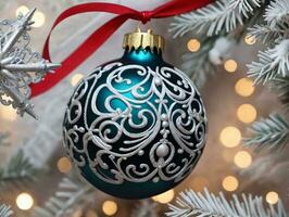 ein Weihnachten Baum mit Ornamente und ein rot Schleife. ai generiert foto