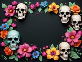 Schädel und Blumen auf schwarz Hintergrund. ai generiert foto