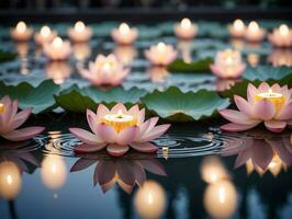 ein Gruppe von Kerzen schwebend im ein Teich. ai generiert foto