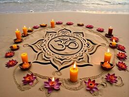 ein Sand Mandala mit Kerzen und Blumen auf das Strand. ai generiert foto