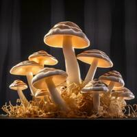 Magie Pilze fliegen Agaric im das Wald in der Nähe von ein Baum. ai generiert foto