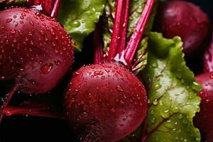 rot Rote Beete mit Tropfen von Wasser und Grün Blätter. ai generiert foto