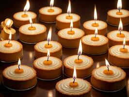 ein Gruppe von klein Kuchen mit zündete Kerzen. ai generiert foto