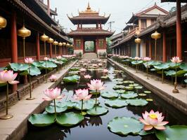 Lotus Blumen im ein Teich. ai generiert foto