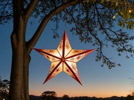 ein rot und Weiß Star hängend von ein Baum. ai generiert foto